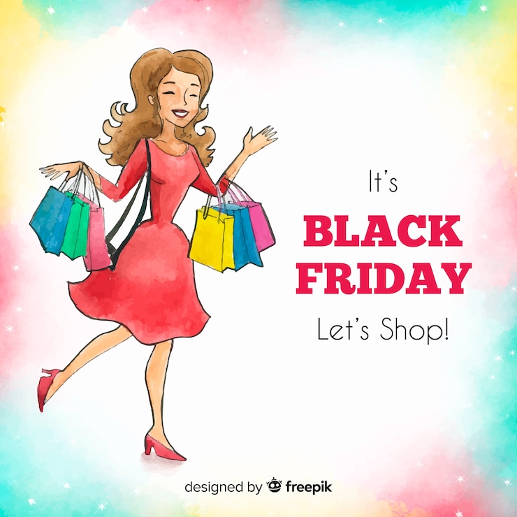 Vector gratuito fondo de rebajas de black friday en acuarela con mujer feliz comprando