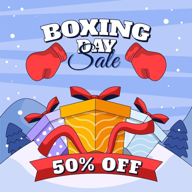 Fondo de rebajas de boxing day plano dibujado a mano