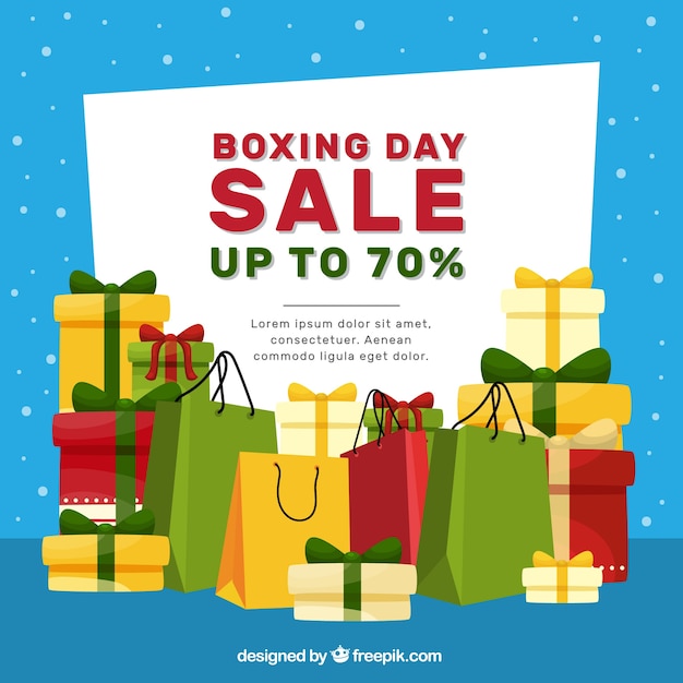 Vector gratuito fondo de rebajas boxing day con regalos