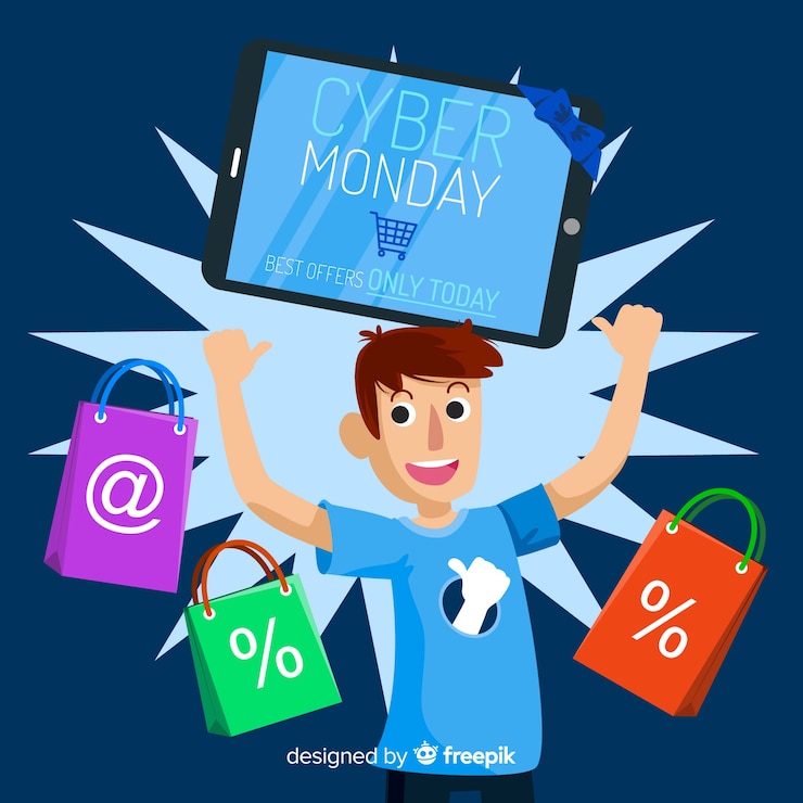 Vector gratuito fondo de rebajas de cyber monday con chico comprando en diseño plano