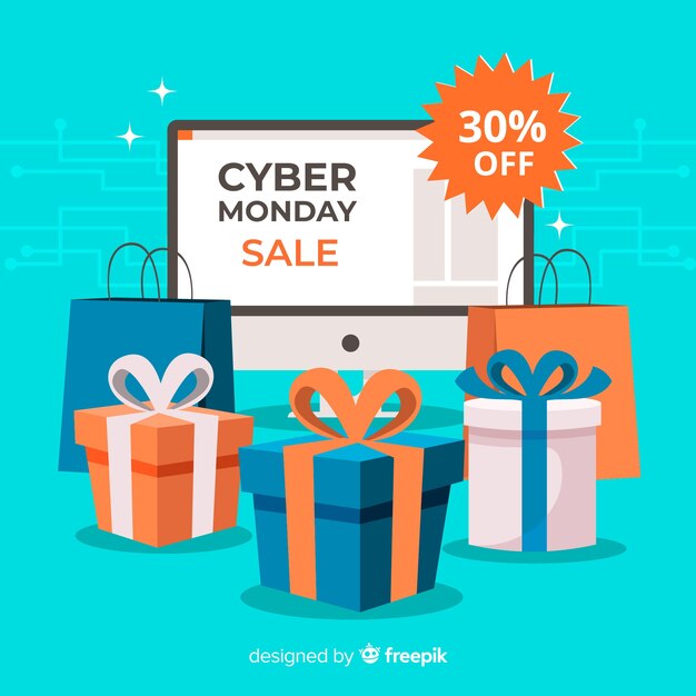 Fondo de rebajas de cyber monday con dispositivos electrónicos