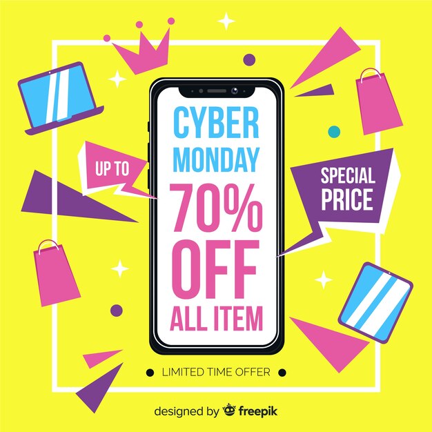 Fondo de rebajas de cyber monday con dispositivos electrónicos