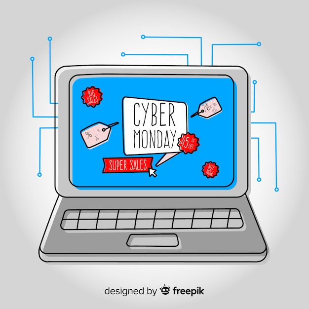 Vector gratuito fondo de rebajas de cyber monday con ordenador