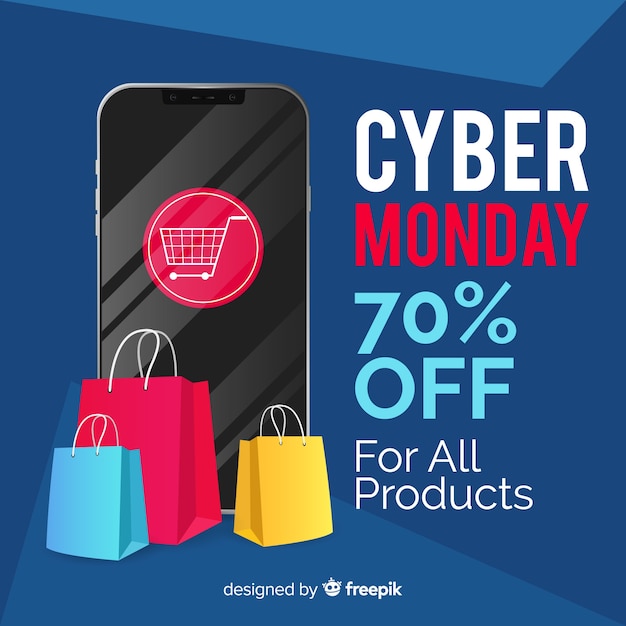 Fondo de rebajas de cyber monday con teléfono movil