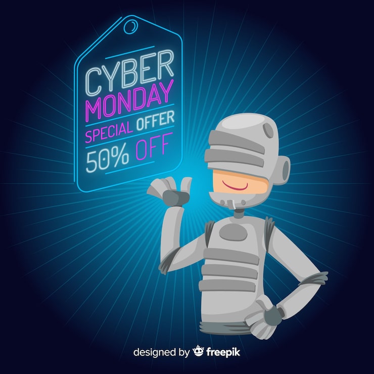Vector gratuito fondo de rebajas futurista de cyber monday con personaje divertido