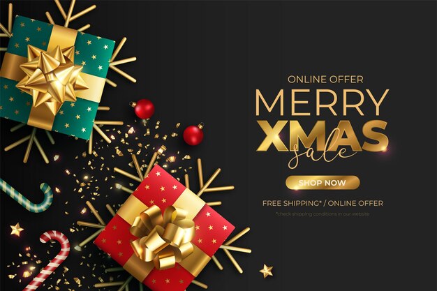 Fondo de rebajas de navidad realista con regalos y adornos