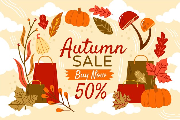 Fondo de rebajas de otoño plano dibujado a mano