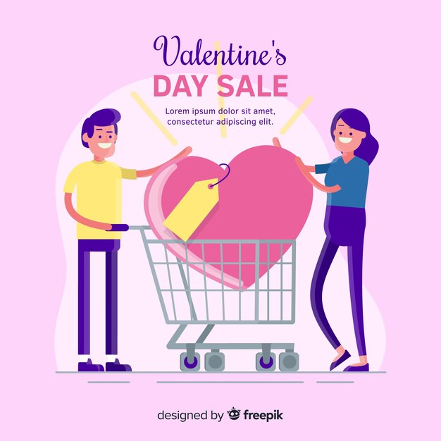 Fondo rebajas san valentín pareja con carro de la compra