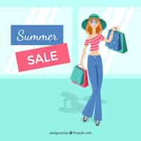 Vector gratuito fondo de rebajas de verano con mujer de compras