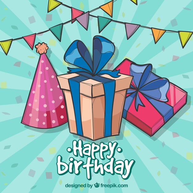 Fondo con regalos de cumpleaños dibujados a mano