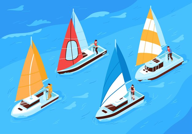 Fondo de regata con símbolos básicos y de inicio ilustración vectorial isométrica