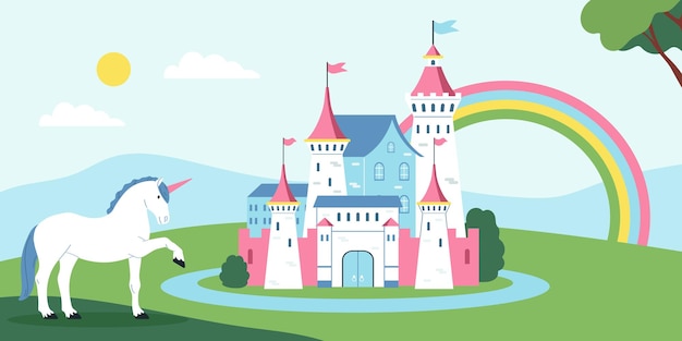 Fondo del reino del cuento de hadas con símbolos de castillo y unicornio ilustración vectorial plana