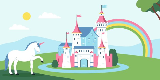 Fondo del reino del cuento de hadas con símbolos de castillo y unicornio ilustración vectorial plana