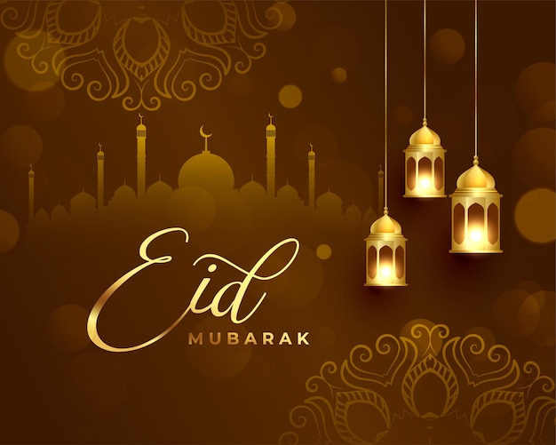 Vector gratuito fondo religioso de eid mubarak con mezquita y fanoos