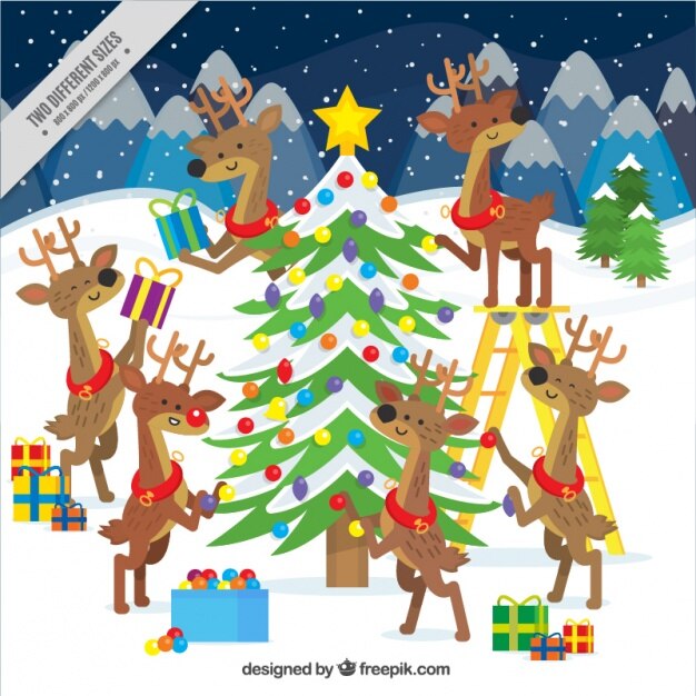 Fondo de renos decorando el árbol de navidad