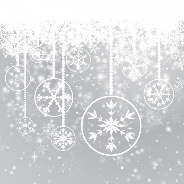 Fondo resplandeciente con copos de nieve y bolas de navidad