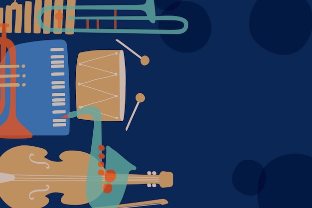 Fondo retro azul, borde musical, vector de instrumentos clásicos