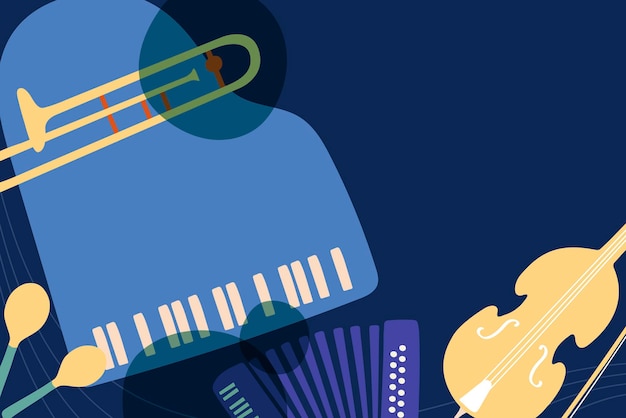 Fondo retro azul, borde musical, vector de instrumentos de jazz