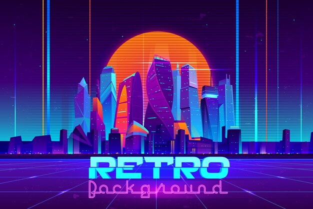 Fondo retro en dibujos animados de colores neón con edificios de rascacielos de la ciudad iluminada futura