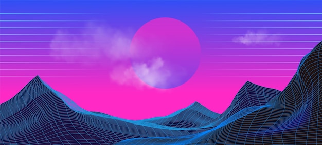 Fondo retro de onda sintética con puesta de sol de color rosa neón