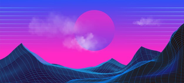 Fondo retro de onda sintética con puesta de sol de color rosa neón