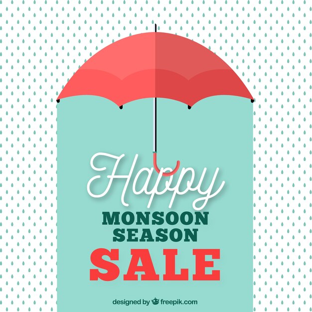 Fondo retro de rebajas de monzón con paraguas y gotas 