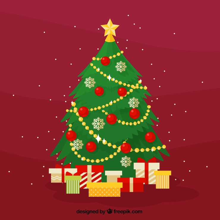 Vector gratuito fondo rojo de árbol de navidad con regalos