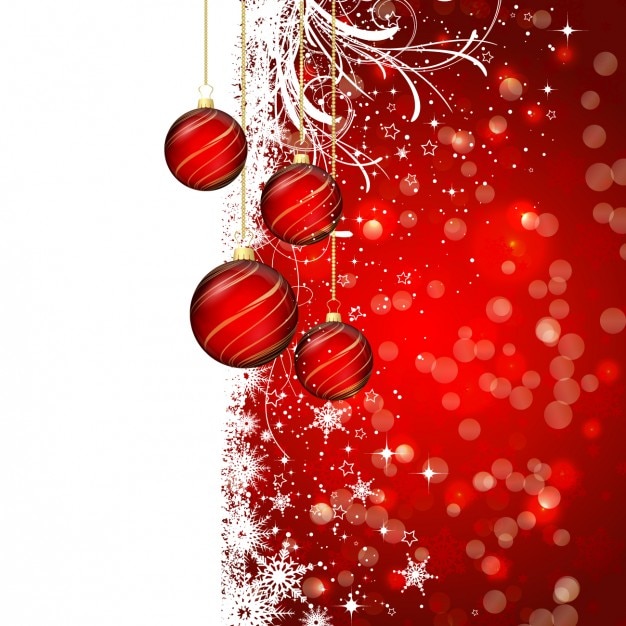Vector gratuito fondo rojo y blanco bokeh con bolas de navidad