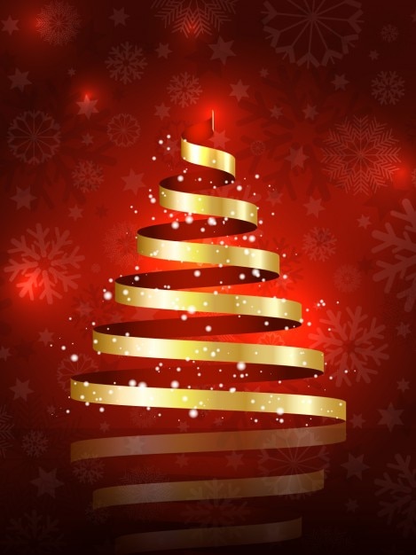Fondo rojo bokeh de árbol navideño de cinta dorada