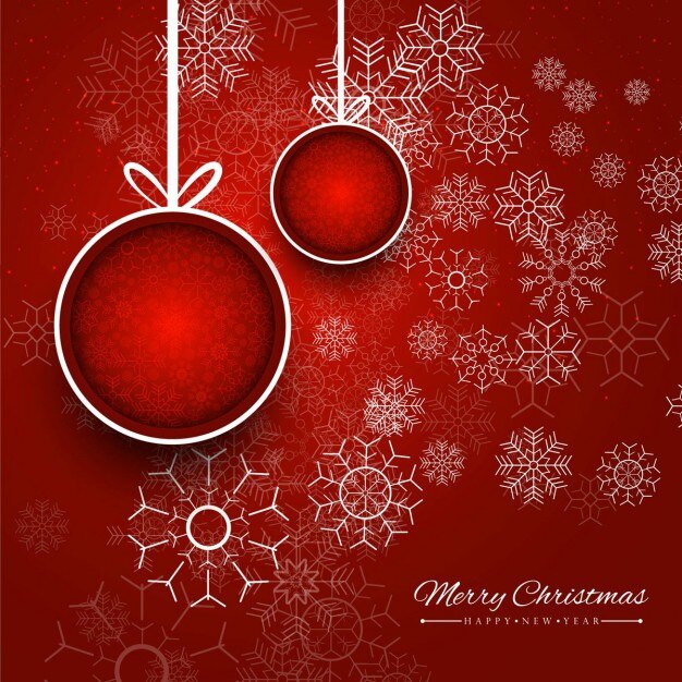 Fondo rojo con bolas de navidad y copos de nieve