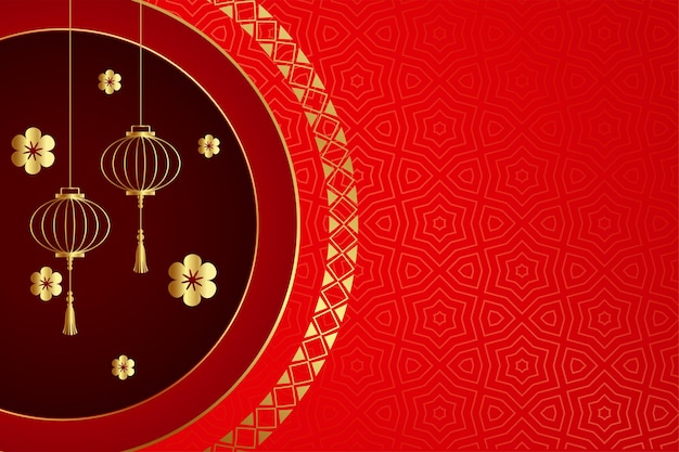 Fondo rojo chino con linternas y flores