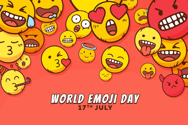 Vector gratuito fondo rojo del día mundial del emoji dibujado a mano