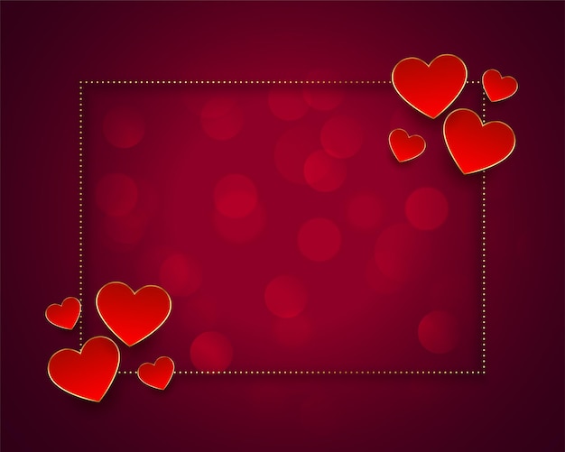 Fondo rojo del día de san valentín con corazones y marco dorado