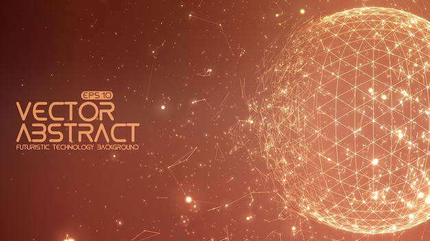 Fondo rojo del espacio abstracto. Puntos y polígonos conectados caóticamente que vuelan en el espacio. Escombros voladores. Estilo de tecnología futurista.