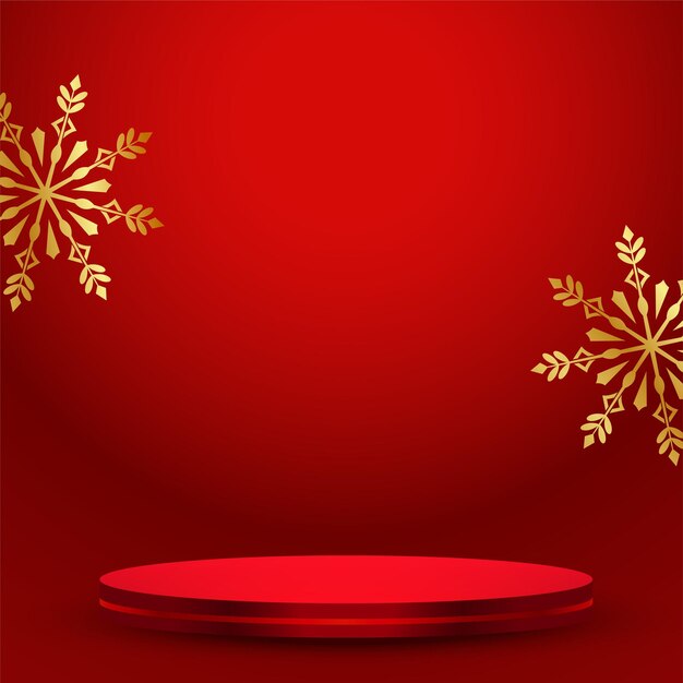 Fondo rojo feliz navidad con podio 3d y copo de nieve