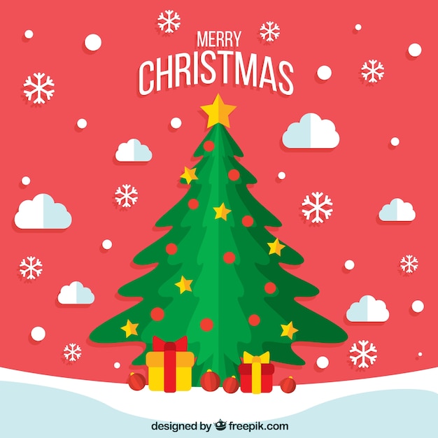 Fondo rojo de navidad con un árbol de navidad decorado