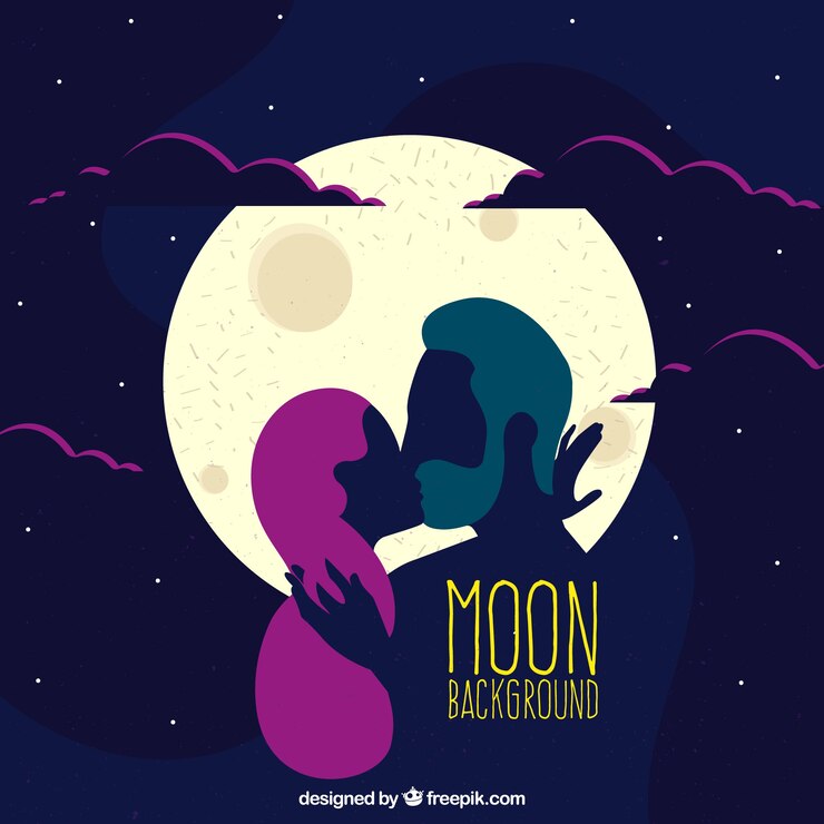 Vector gratuito fondo romántico de luna y pareja besándose
