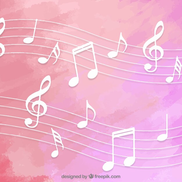 Fondo rosa de acuarela con notas musicales 