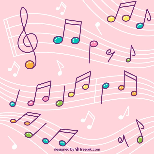 Fondo rosa de pentagramas con notas musicales de colores 