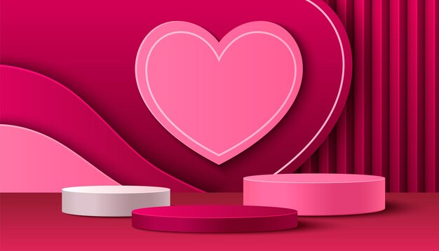 Fondo rosa con podio de producto y corazón