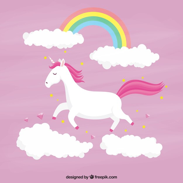 Fondo rosa de unicornio con nubes y arcoiris 