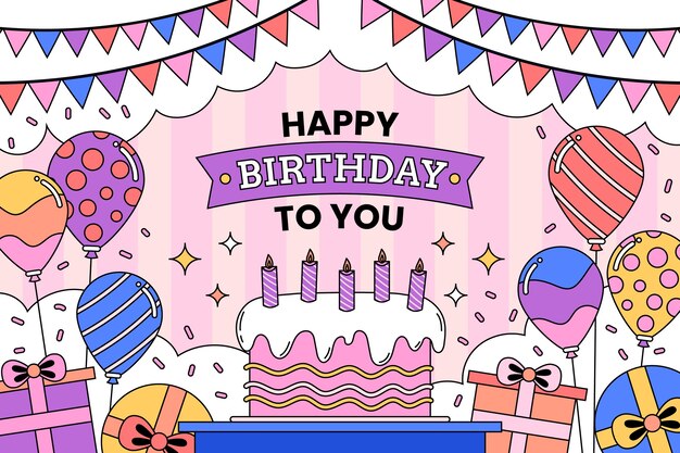 Fondo de saludo dibujado a mano para cumpleaños con pastel y globos