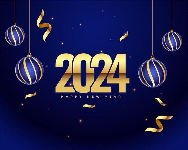 Fondo de saludo de feliz año nuevo con adorno de Navidad y vector de cinta