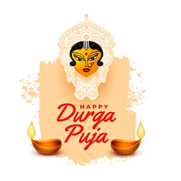 Vector gratuito fondo de saludo feliz durga puja con diseño de cara diya y diosa