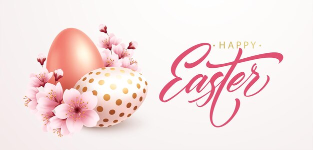 Fondo de saludo de Pascua feliz con huevos de Pascua realistas y flores de primavera. Ilustración de vector EPS10