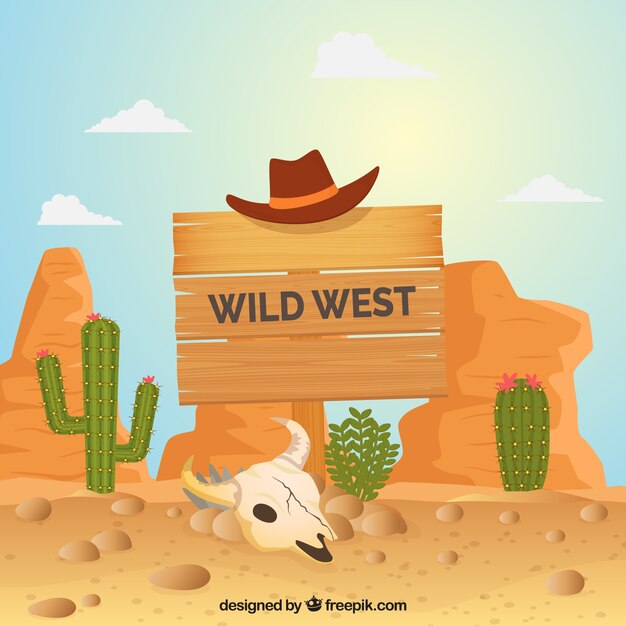 Fondo del salvaje oeste con señal de madera y sombrero