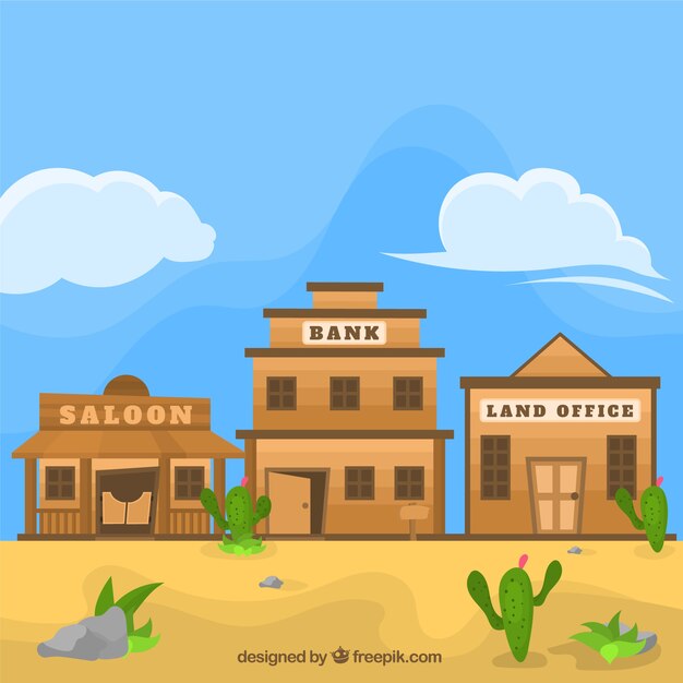Fondo del salvaje oeste con taberna y banco