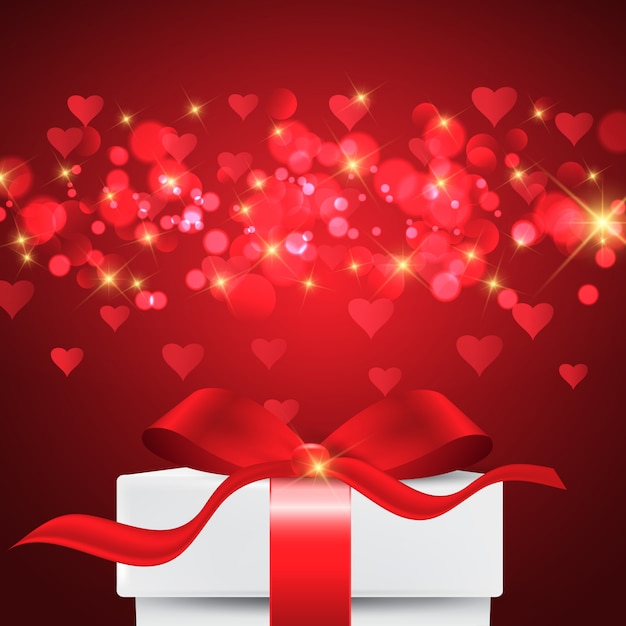 Fondo de San Valentín con caja de regalo en luces bokeh