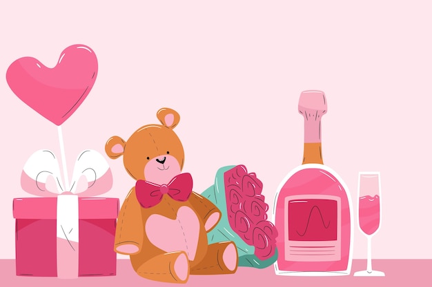 Fondo de san valentín con osito de peluche y champagne