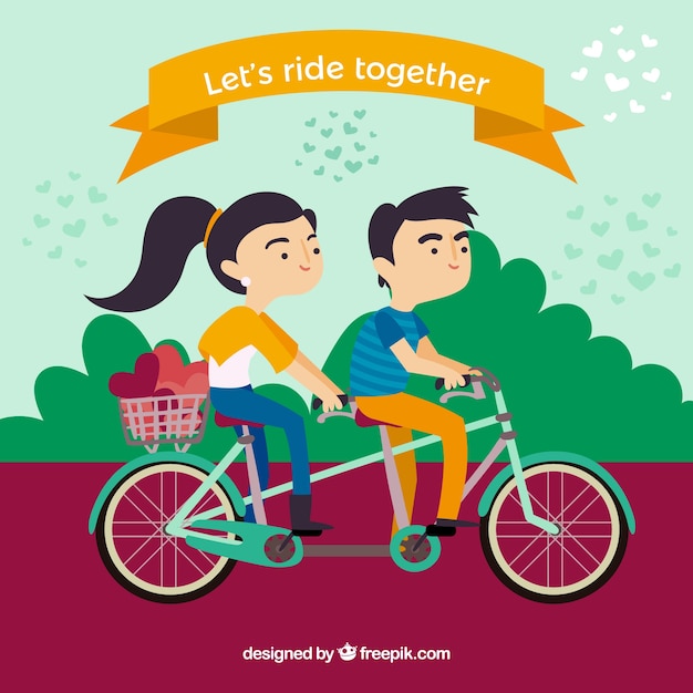 Vector gratuito fondo de san valentín con pareja jóven montando en bici